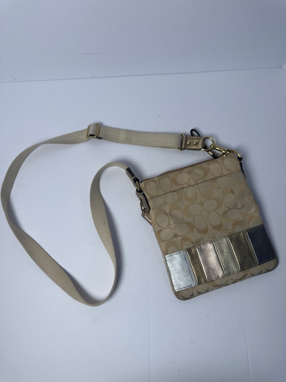 Coach Beige Signature Crossbody with Metallic Panel Accents